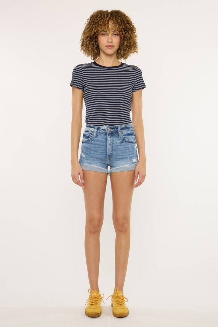 Kan Can USA High Rise Cuff Denim Shorts  in Medium Wash 5