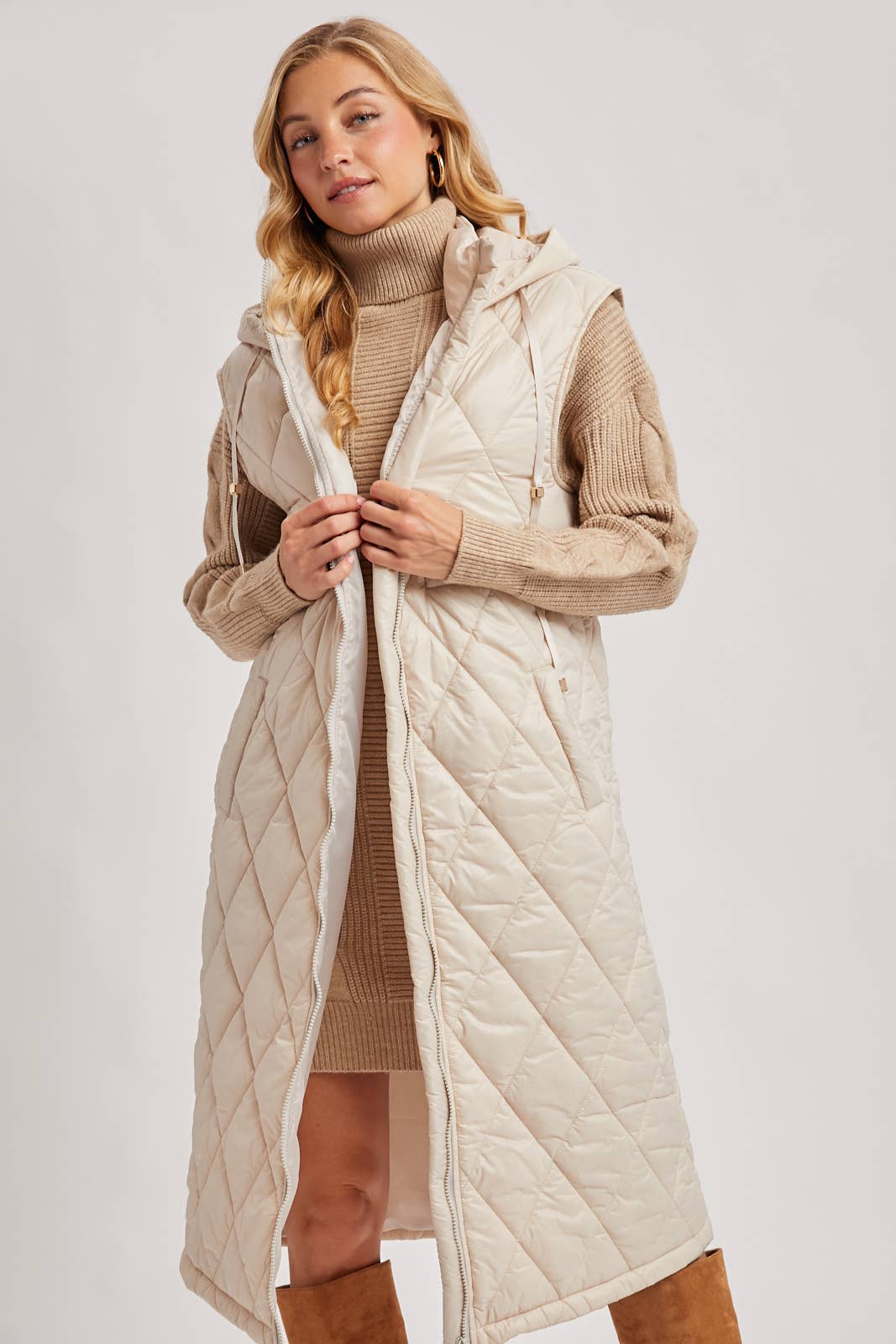 Diamond Quilt Puffer Hooded Vest beige 2
