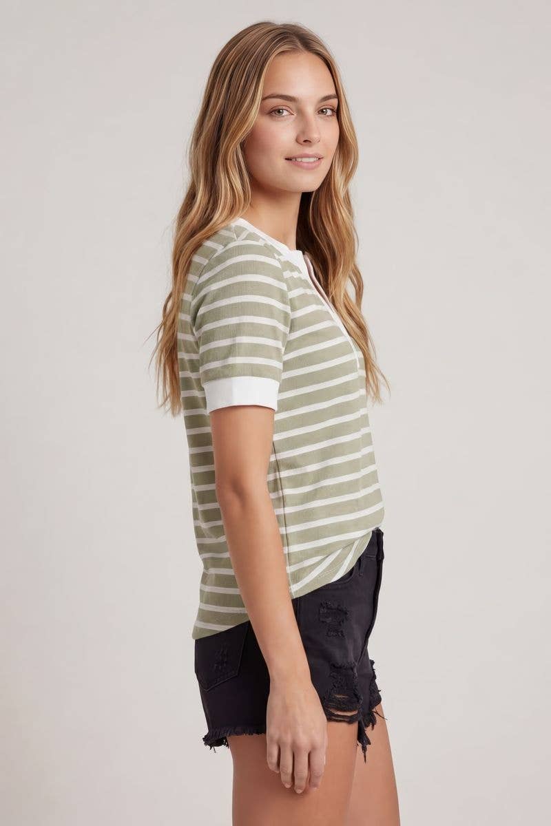 Doe and Rae Split V-Neck Striped Short Sleeve Top