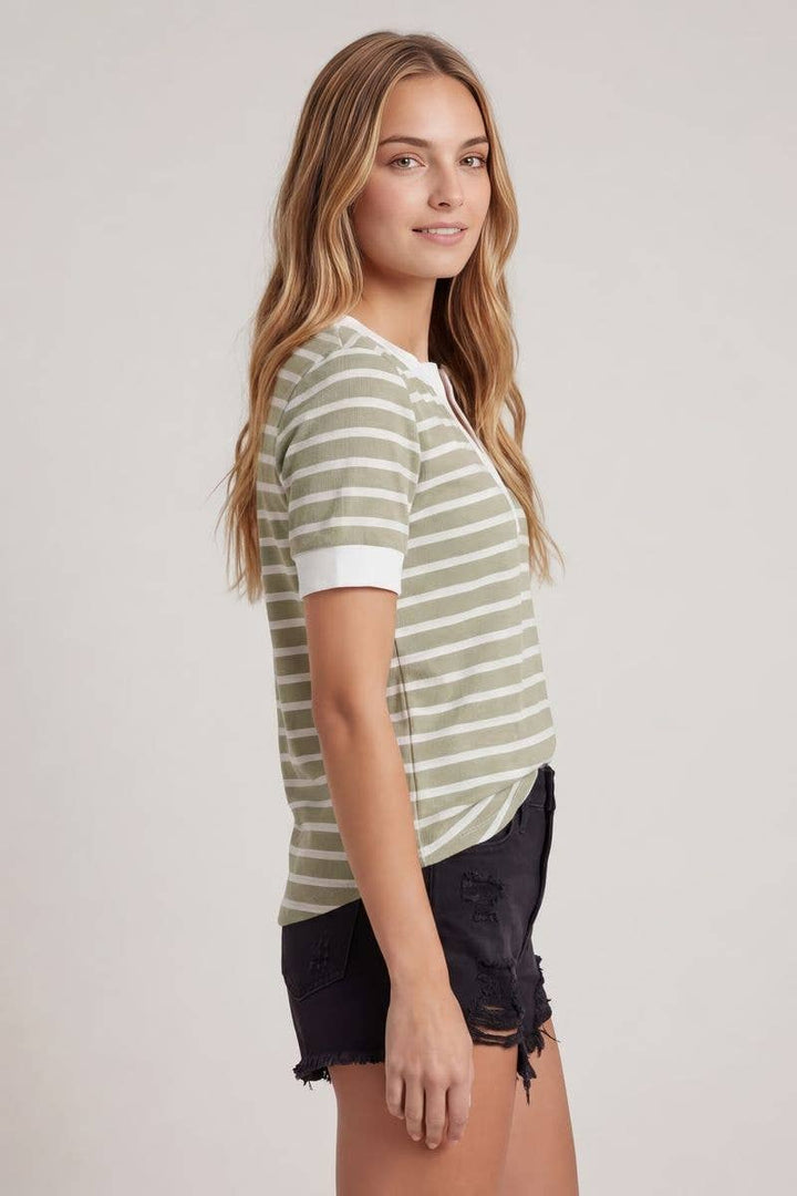Doe and Rae Split V-Neck Striped Short Sleeve Top