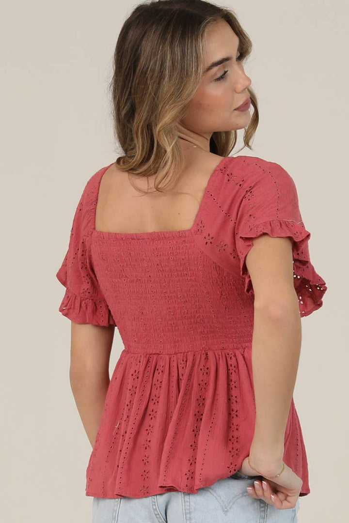Angie Eyelet Embroidered Twist Front Blouse in Raspberry 3