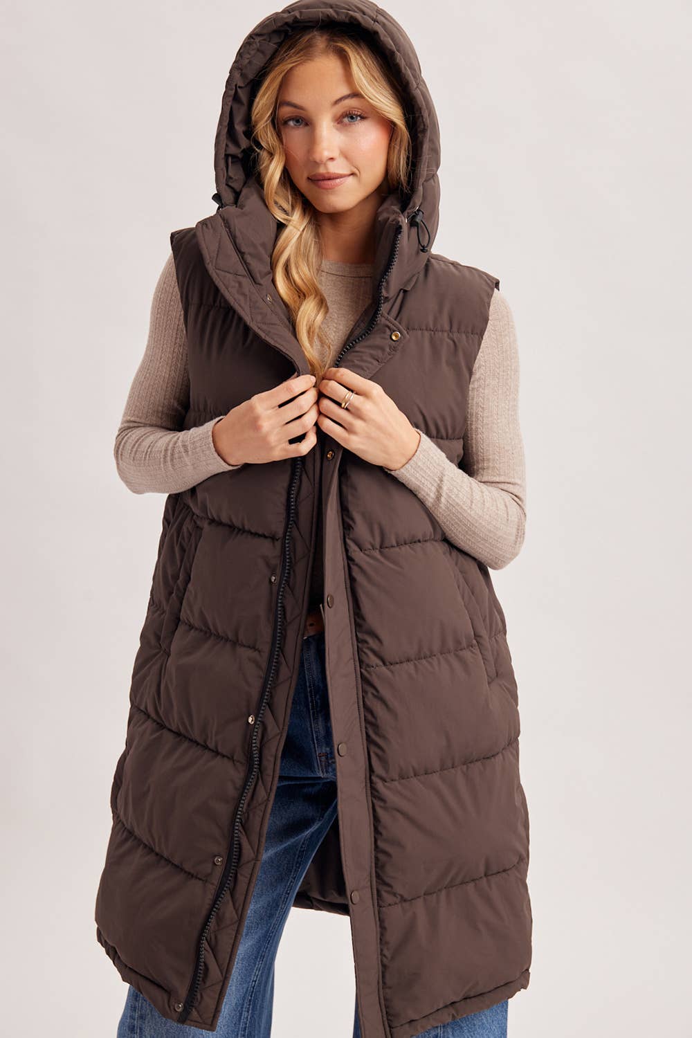 Bluivy Detachable Hood Longline Quilted Puffer Vest in Ash Brown 1