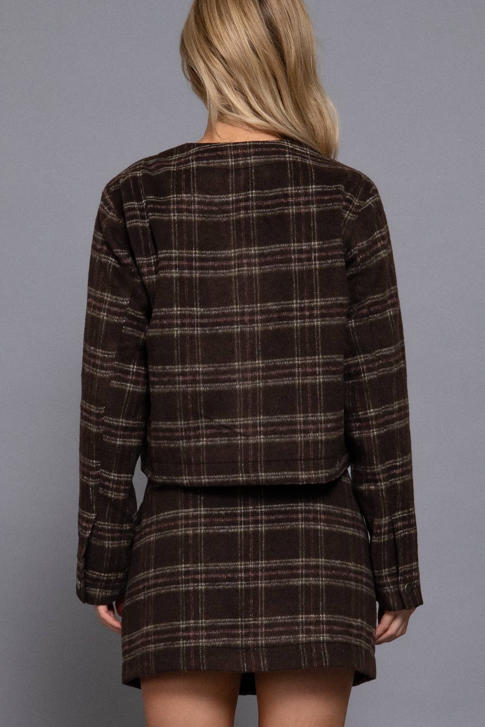 Round Neck Brushed Plaid Jacket Brown 2