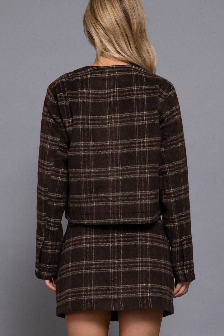 Round Neck Brushed Plaid Jacket Brown 2