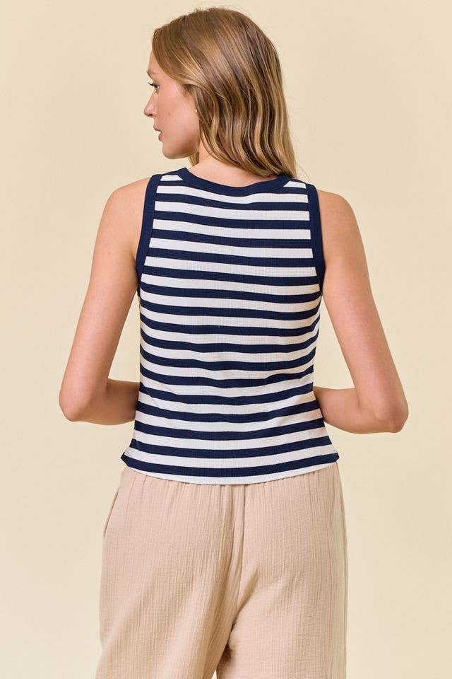 Doe and Rae Stripe Knit Button Front Tank Navy back