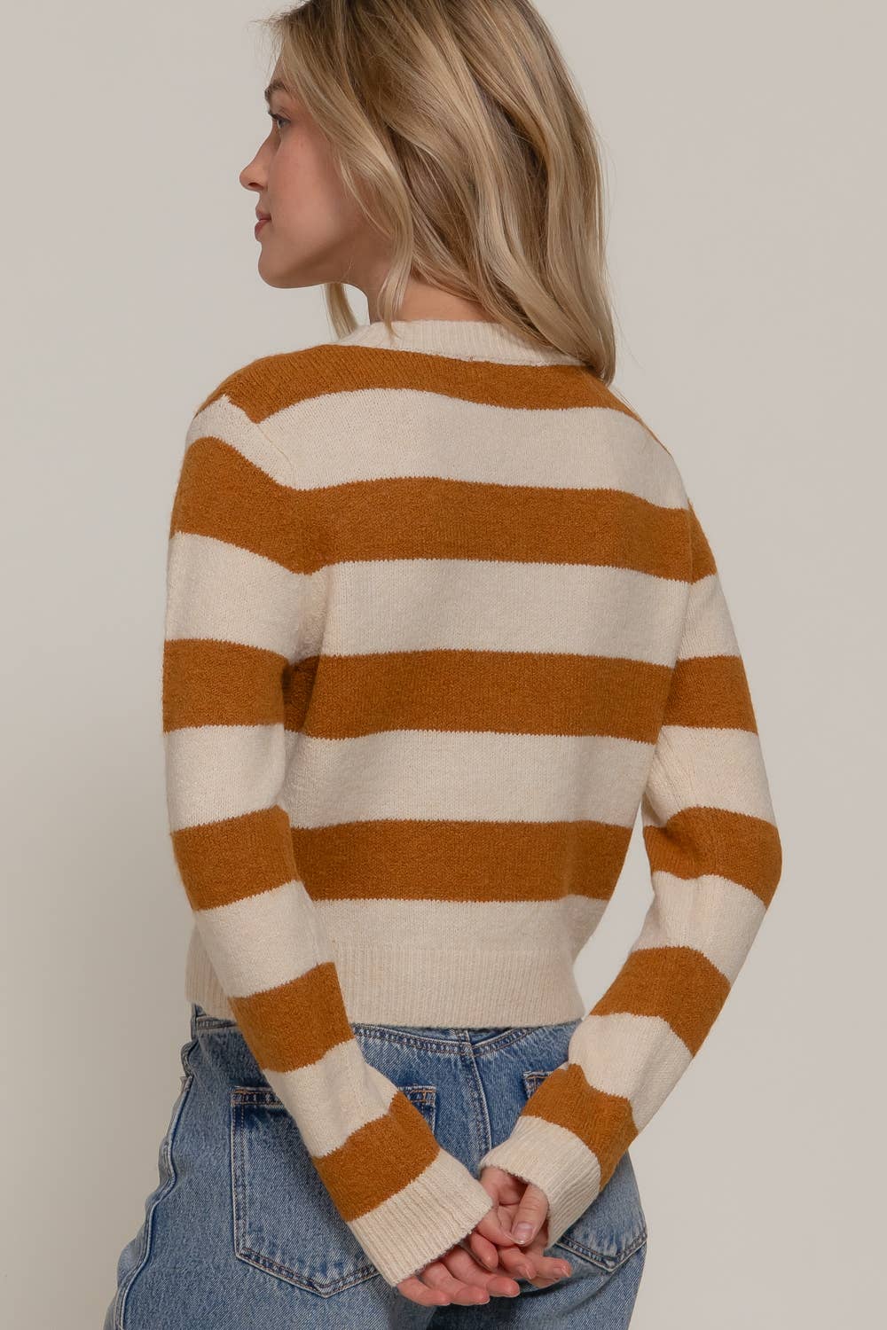 Long Sleeve Crew Neck Stripe Sweater Camel/Ivory 2