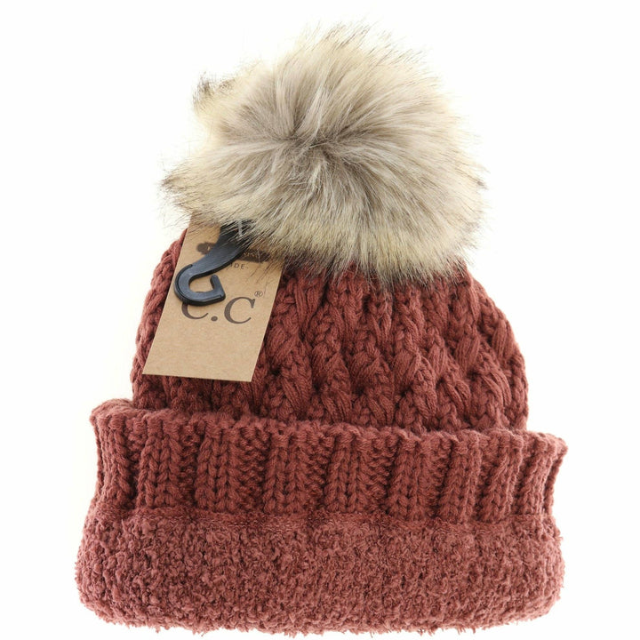 C.C Beanie Solid Lattice Fur Pom Cc Beanie Yj826