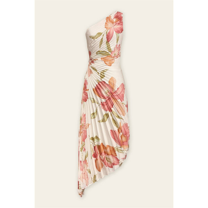 Dress Forum Coral Garden Asymmetrical Pleated Maxi Dress in Hibiscus Floral - one-shoulder satin asymmetrical silhouette