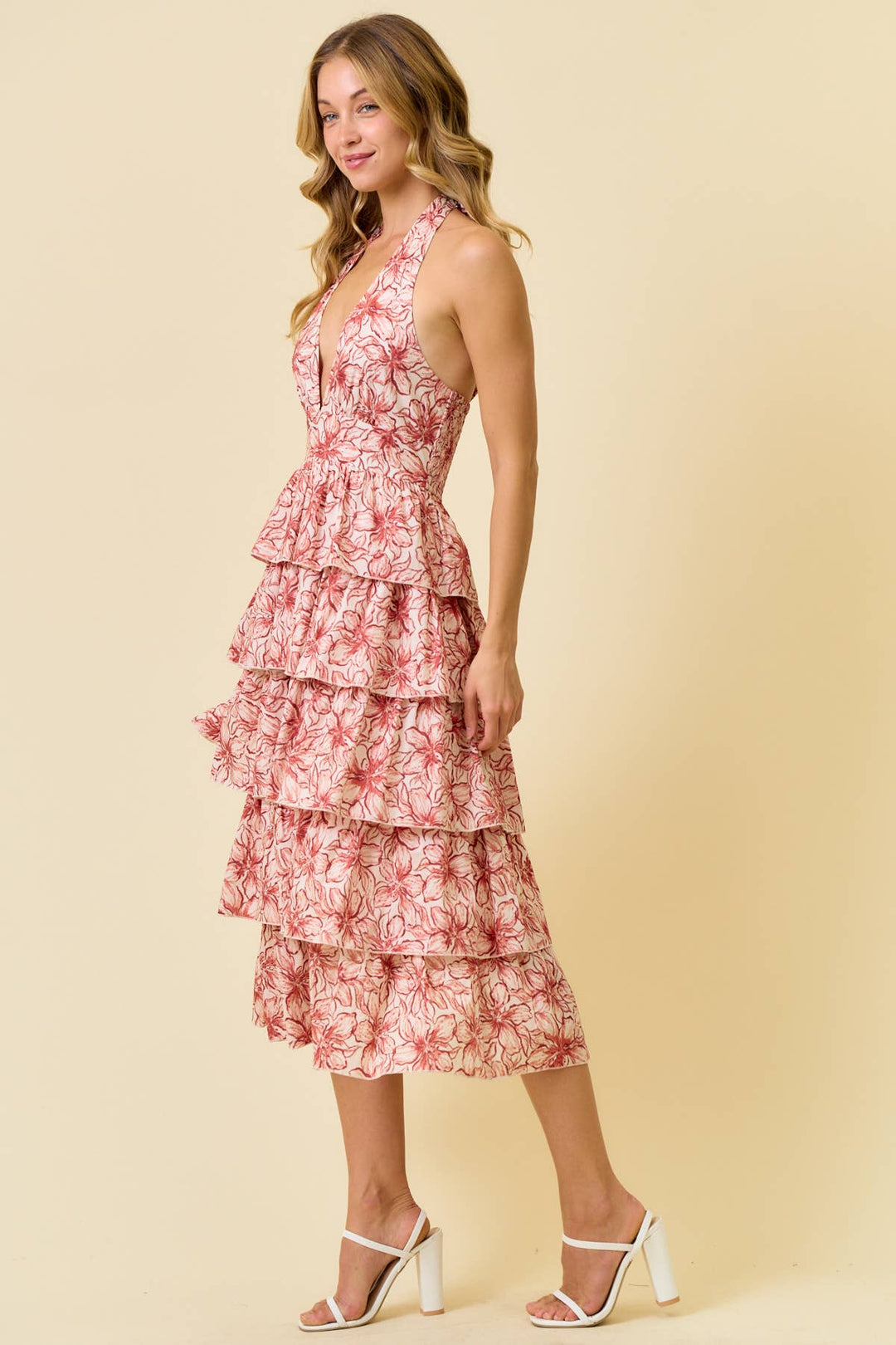Doe and Rae Halter Tiered Midi Dress in red 3