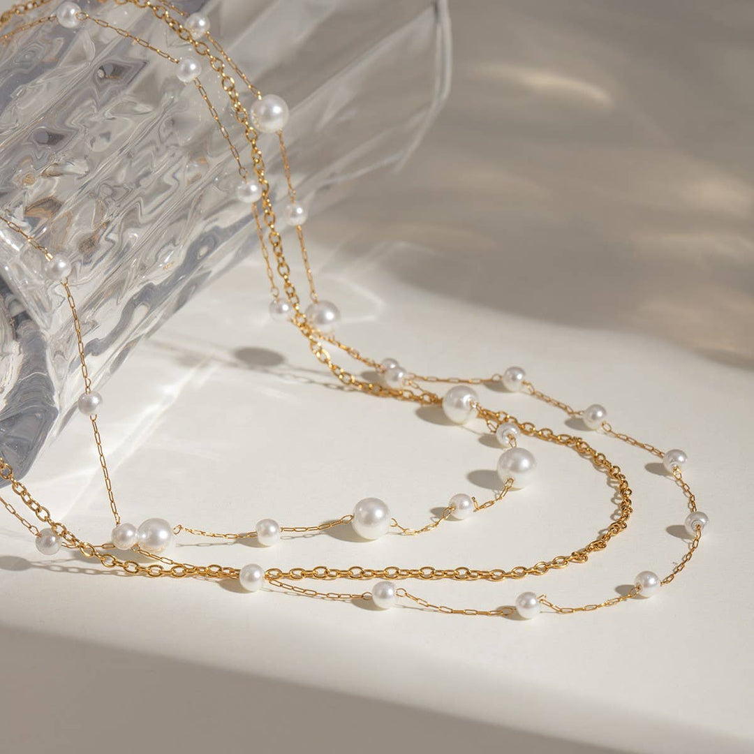 18K Gold Pearl &amp; Box Chain Layered Necklace Set – Tarnish-Free | JOSSLYN 1