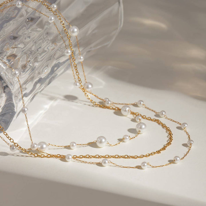 18K Gold Pearl &amp; Box Chain Layered Necklace Set – Tarnish-Free | JOSSLYN 1