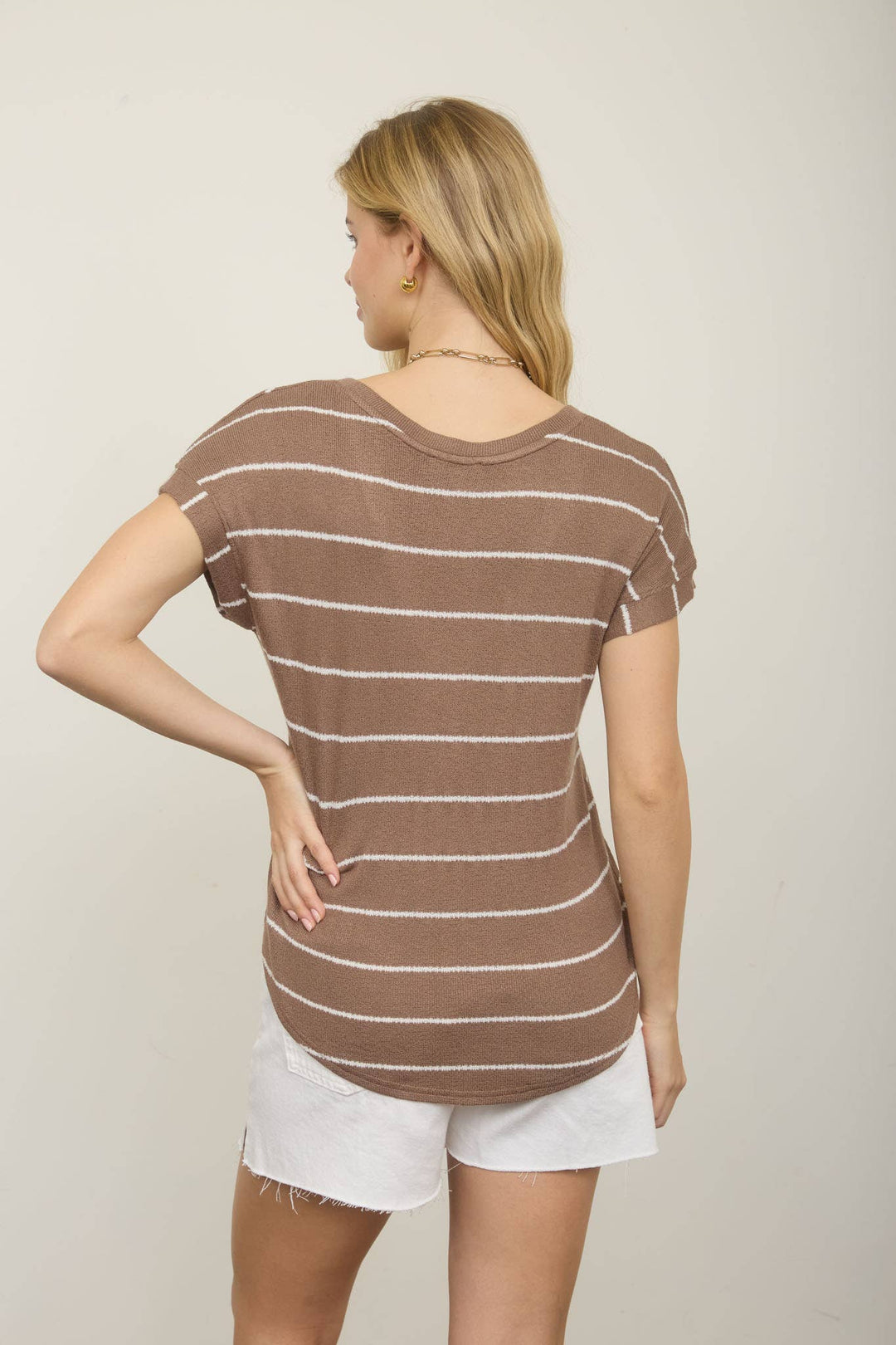 Blu Pepper - Stripe V-Neck Cuffed Short Sleeve Knit Top in Mocha back