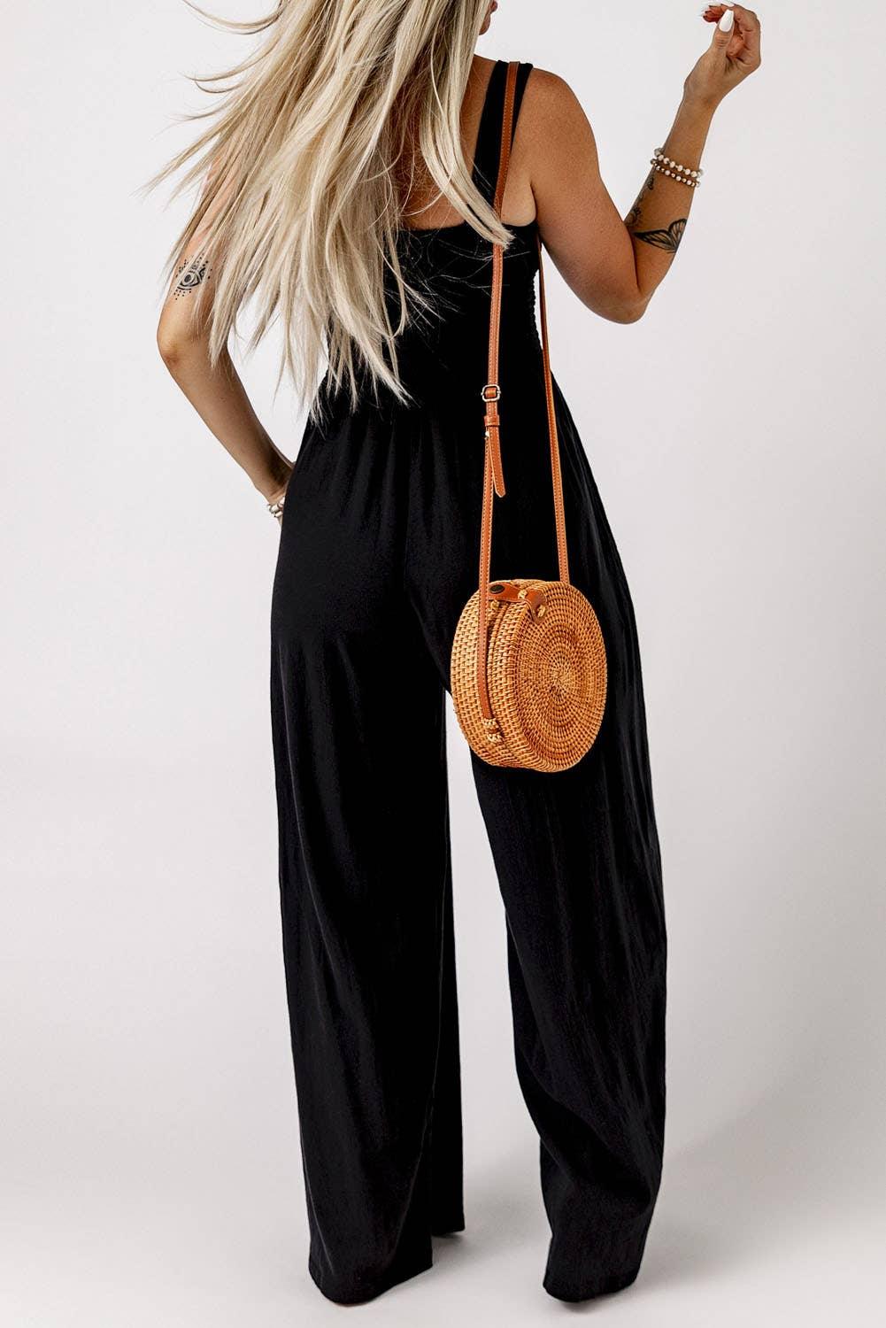 Black Smocked Sleeveless Wide Leg Jumpsuit with Pockets - Shop Emma's 