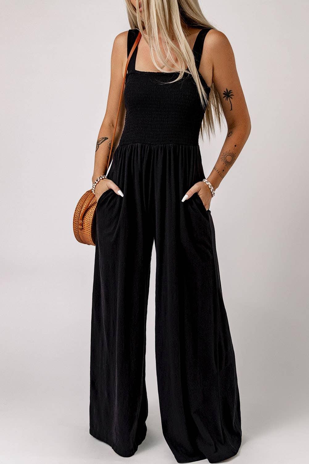 Black Smocked Sleeveless Wide Leg Jumpsuit with Pockets - Shop Emma's 