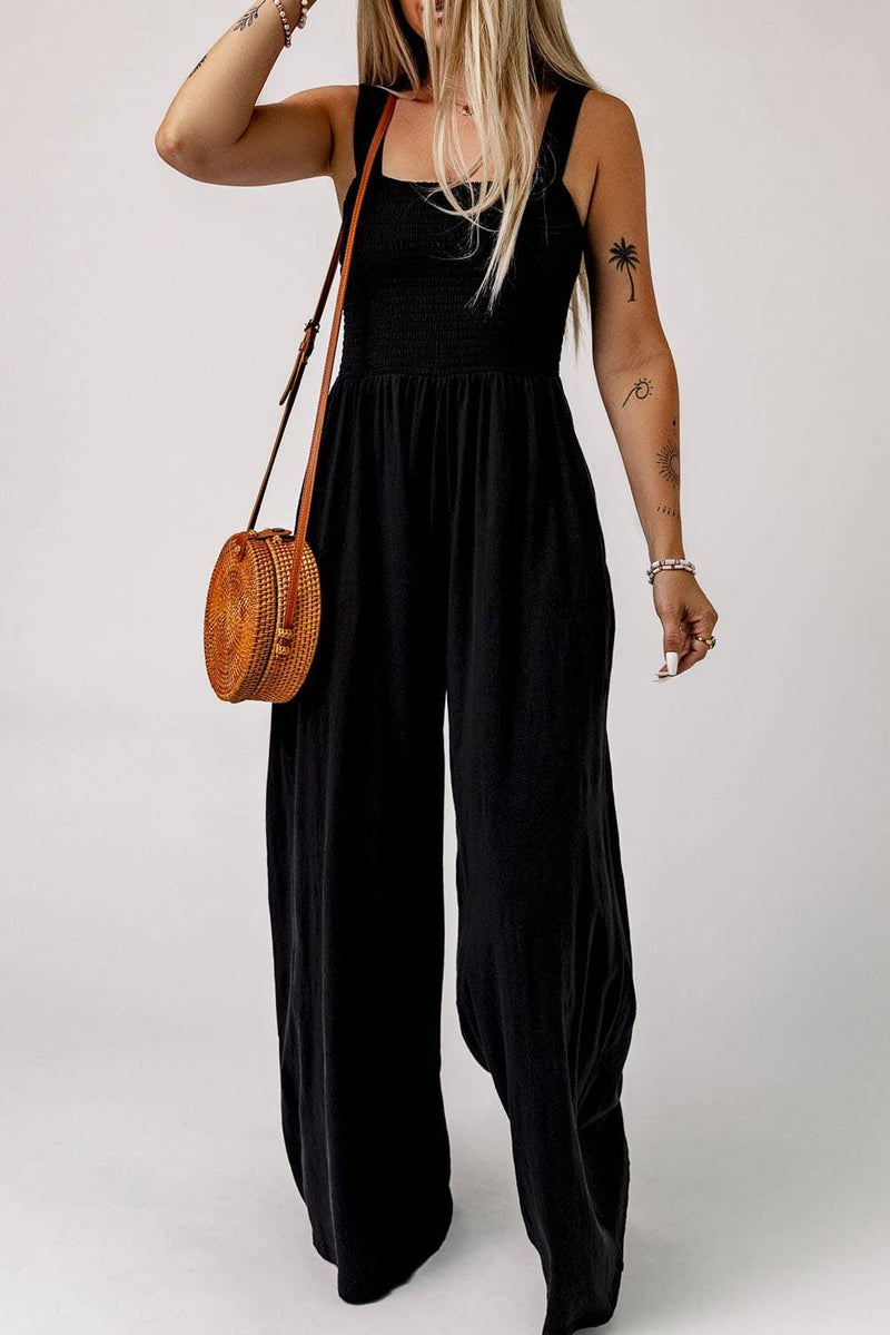 Black Smocked Sleeveless Wide Leg Jumpsuit with Pockets - Shop Emma's 