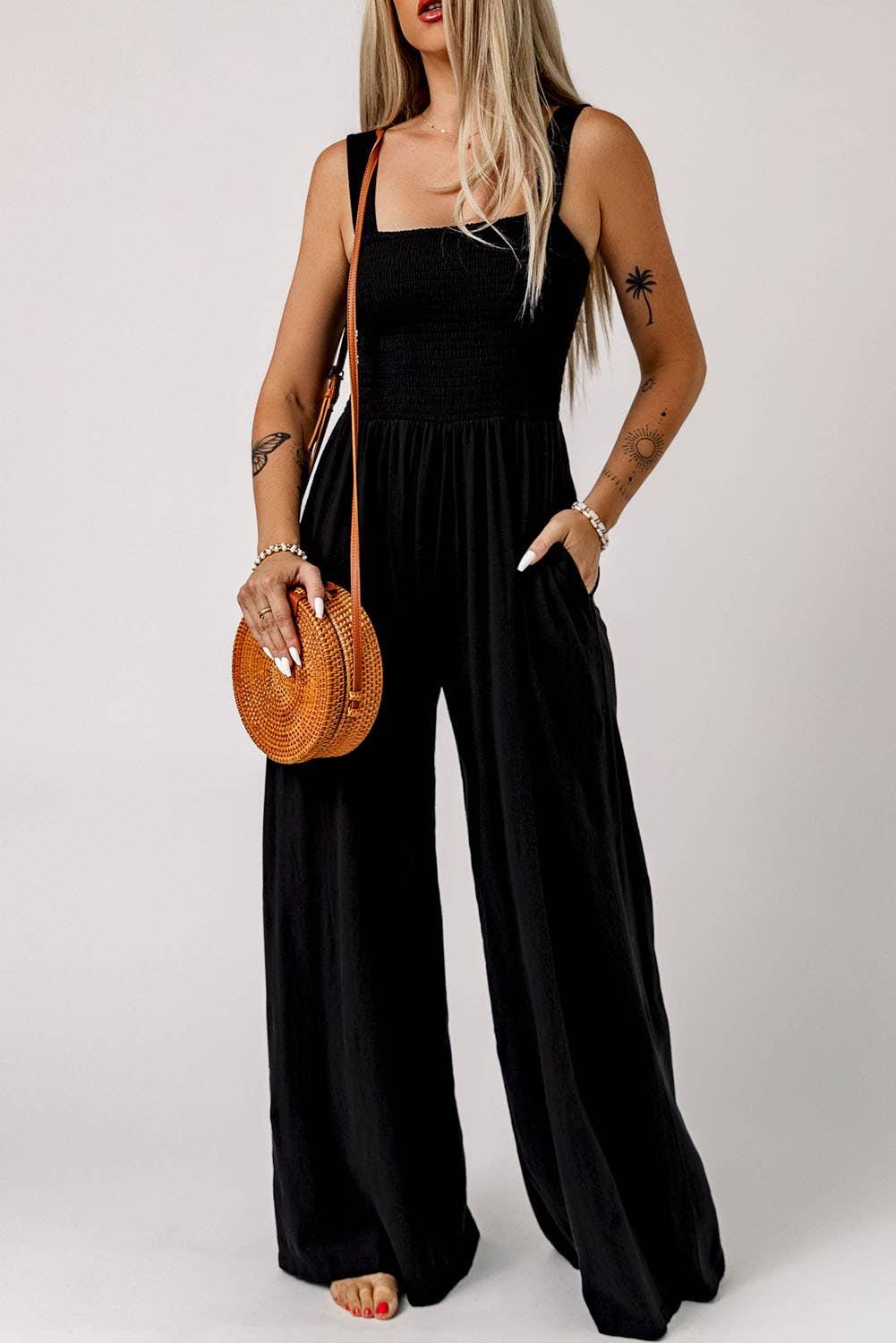 Black Smocked Sleeveless Wide Leg Jumpsuit with Pockets - Shop Emma's 