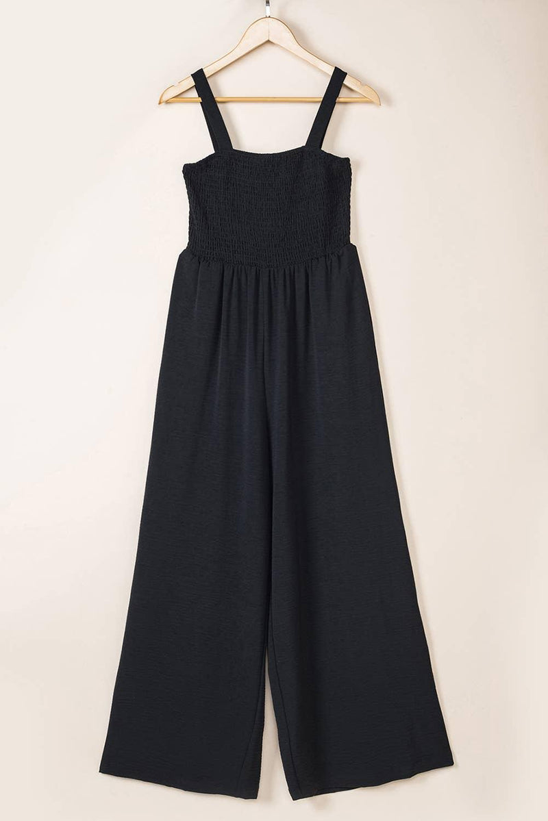 Black Smocked Sleeveless Wide Leg Jumpsuit with Pockets - Shop Emma's 