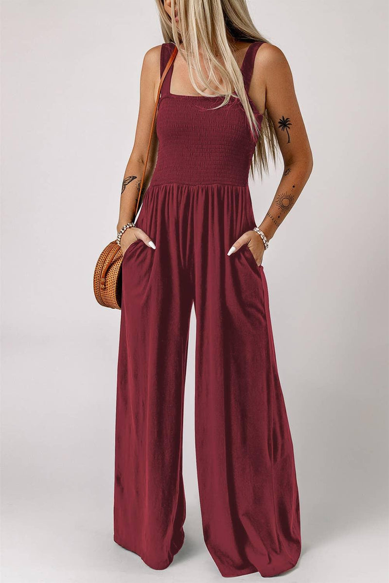 Black Smocked Sleeveless Wide Leg Jumpsuit with Pockets - Shop Emma's 