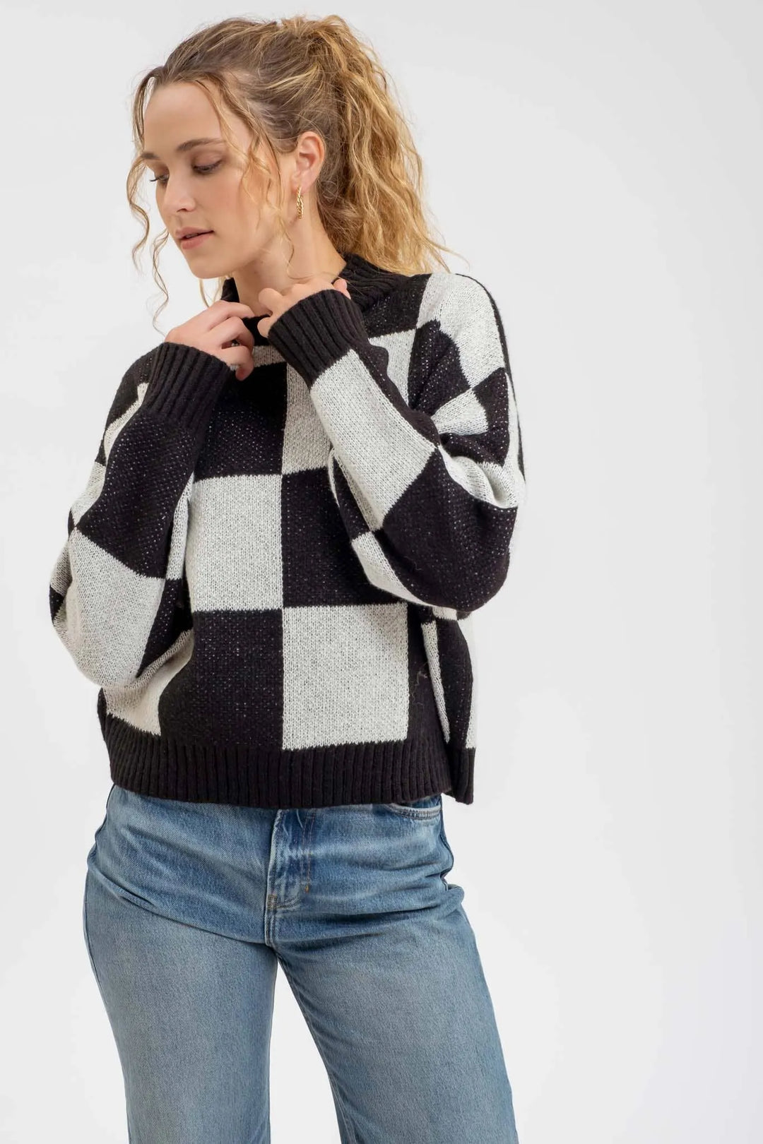 Blu Pepper Checkered Mock Neck Sweater - Shop Emma's 