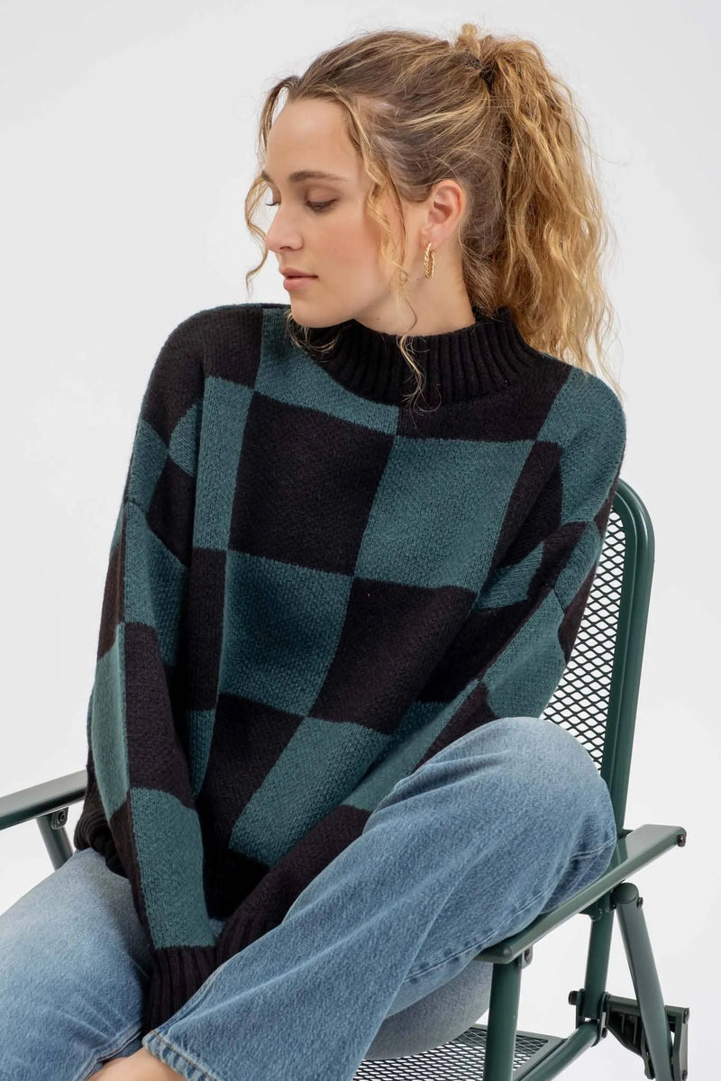 Blu Pepper Checkered Mock Neck Sweater - Shop Emma's 