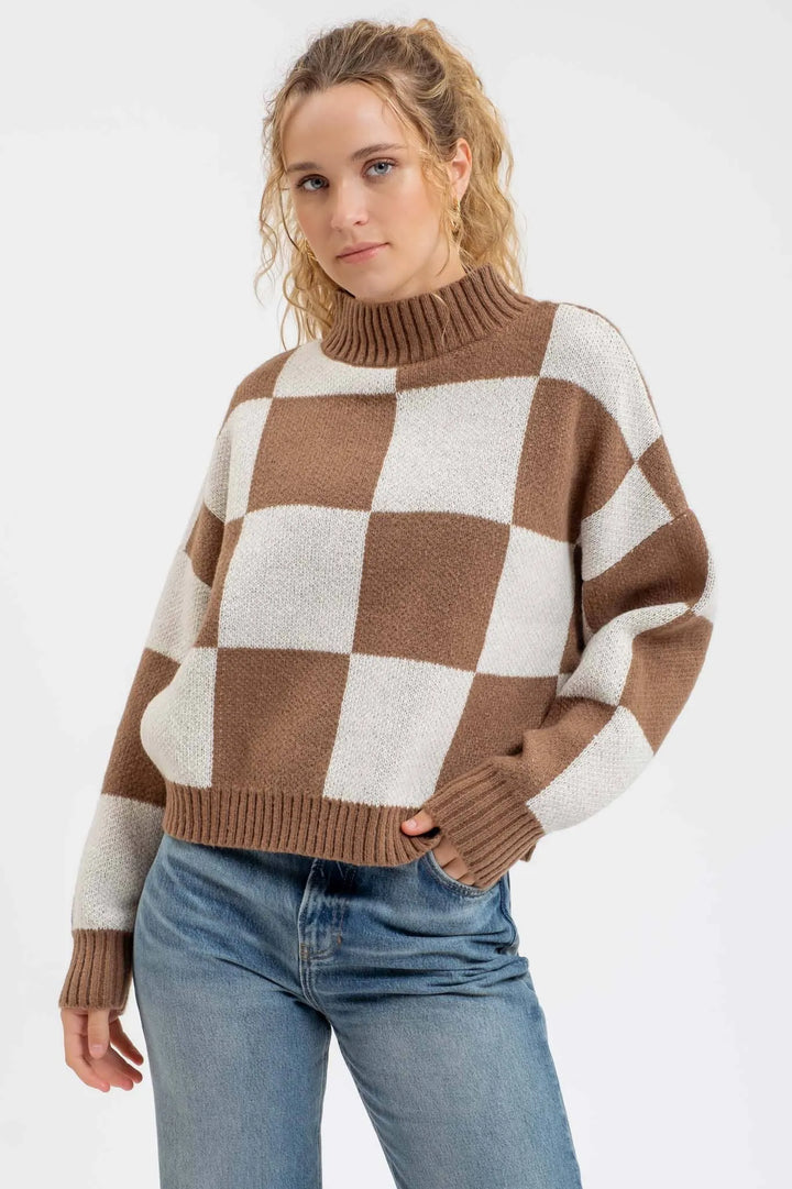 Blu Pepper Checkered Mock Neck Sweater - Shop Emma's 