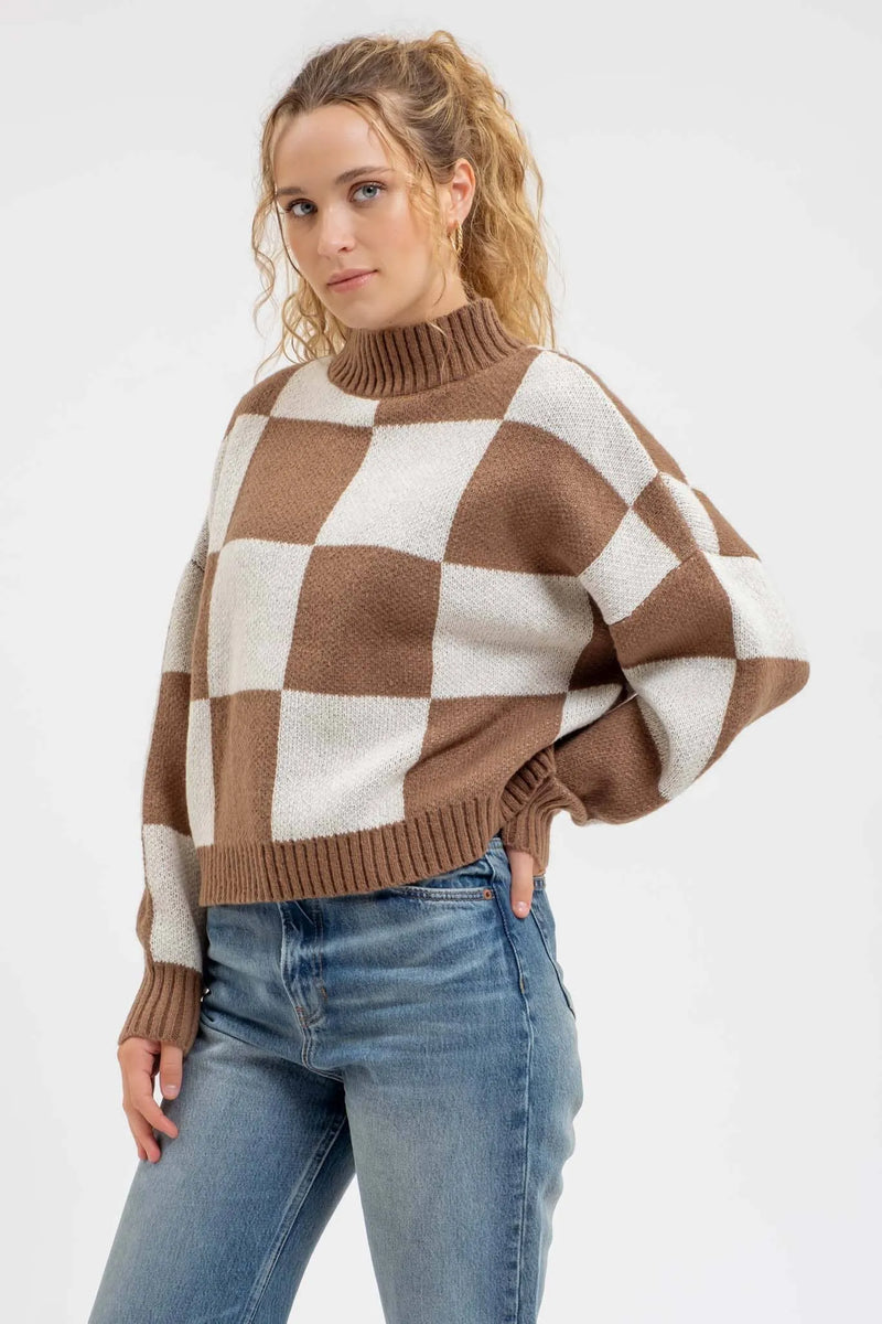 Blu Pepper Checkered Mock Neck Sweater - Shop Emma's 