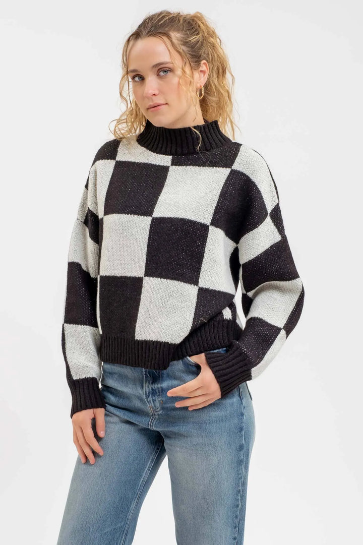 Blu Pepper Checkered Mock Neck Sweater - Shop Emma's 