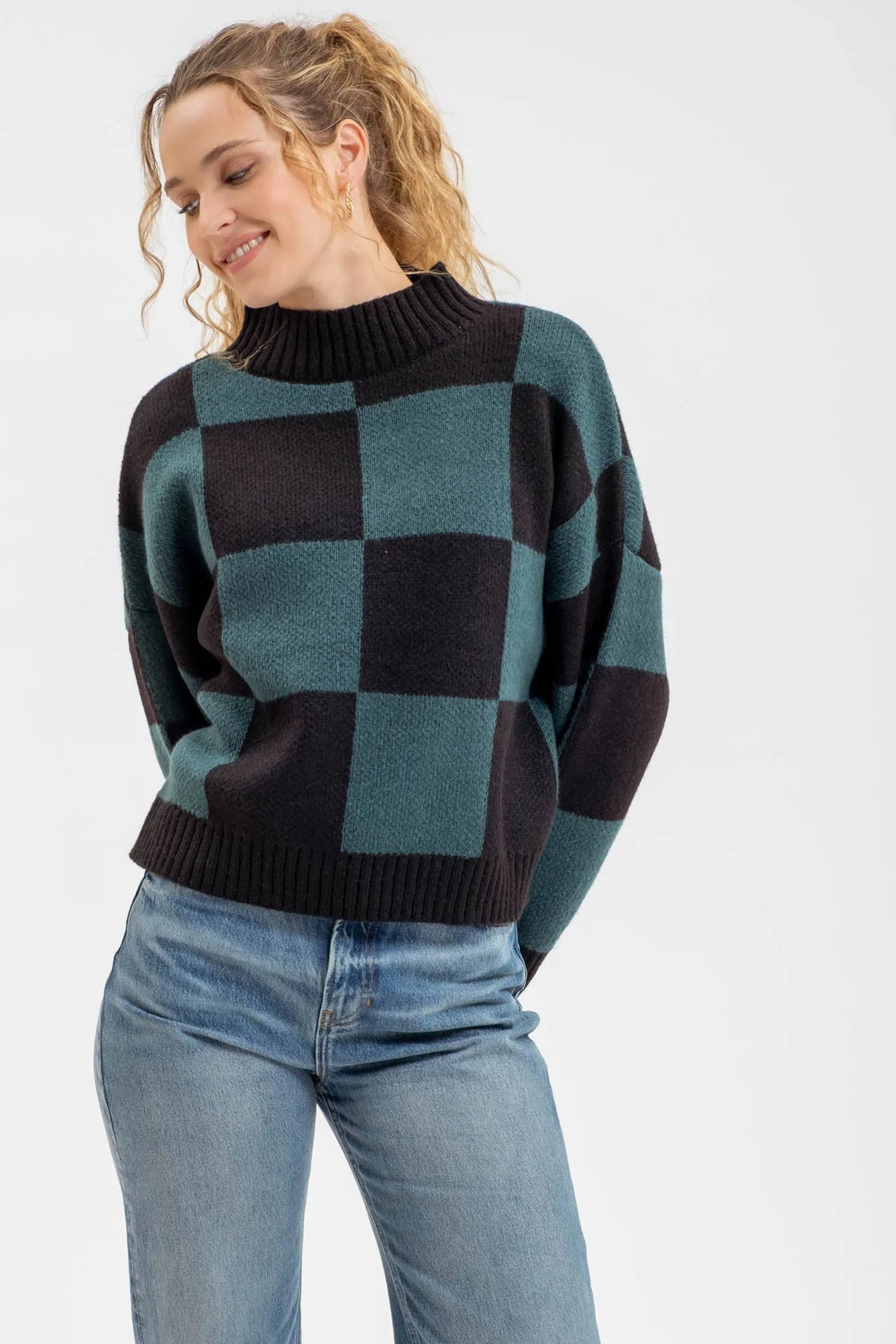 Blu Pepper Checkered Mock Neck Sweater - Shop Emma's 