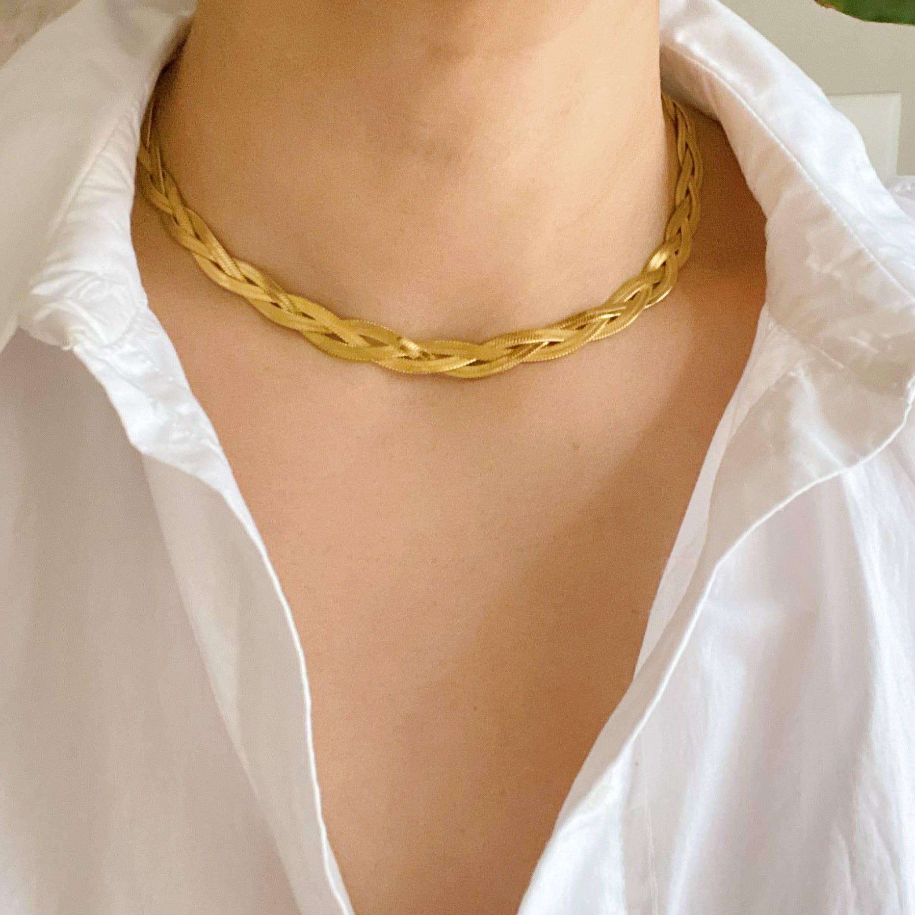 Braided Herringbone Chain Necklace – Triple Chain Gold Necklace