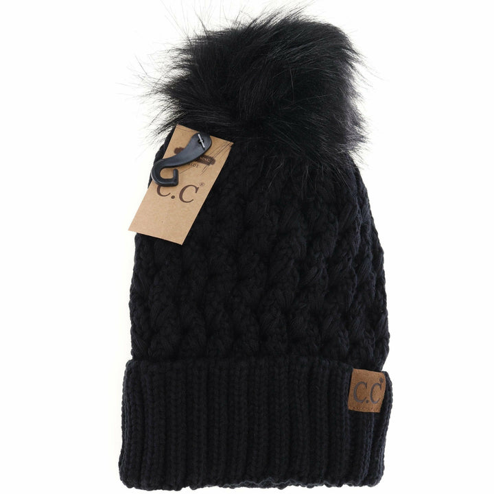 C.C Beanie - Solid Lattice Stitch Fur Pom CC Beanie YJ826 - Shop Emma's 