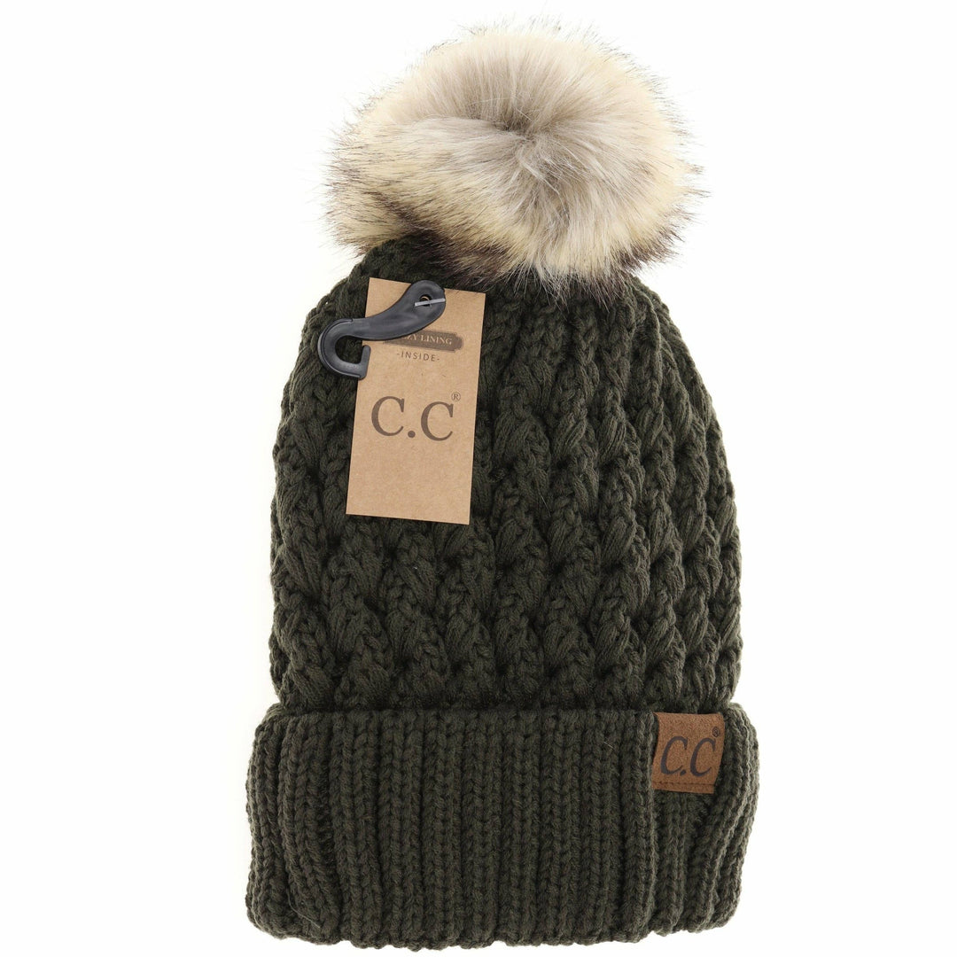 C.C Beanie - Solid Lattice Stitch Fur Pom CC Beanie YJ826 - Shop Emma's 