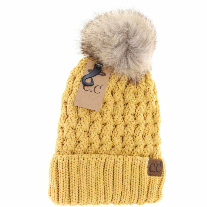 C.C Beanie - Solid Lattice Stitch Fur Pom CC Beanie YJ826 - Shop Emma's 