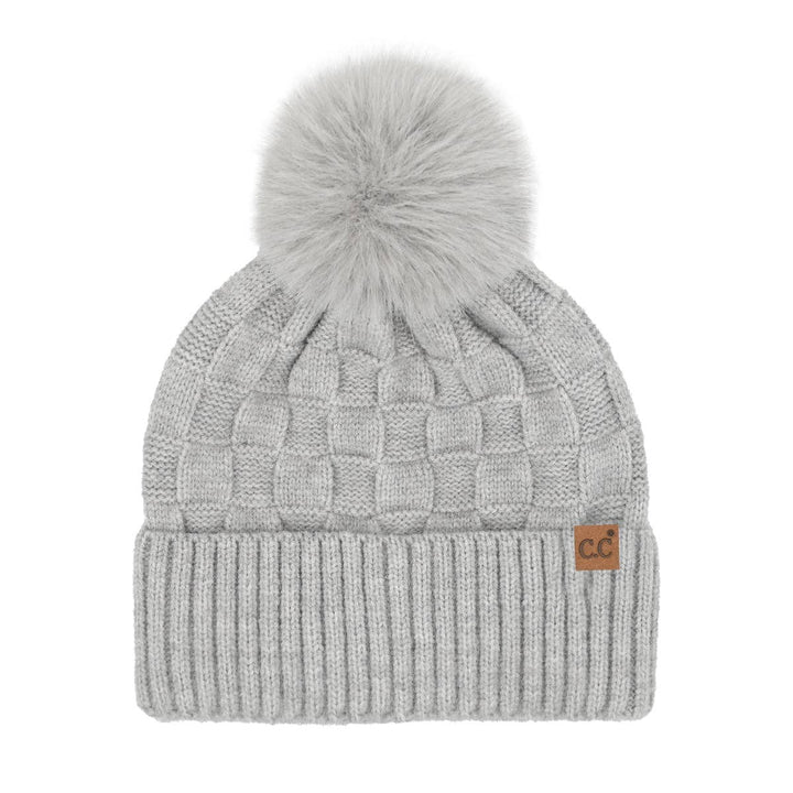 C.C Beanie - Woven Checkered Texture Pom C.C Beanie HTC0094 - Shop Emma's 