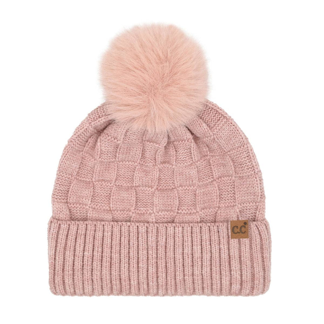 C.C Beanie - Woven Checkered Texture Pom C.C Beanie HTC0094 - Shop Emma's 