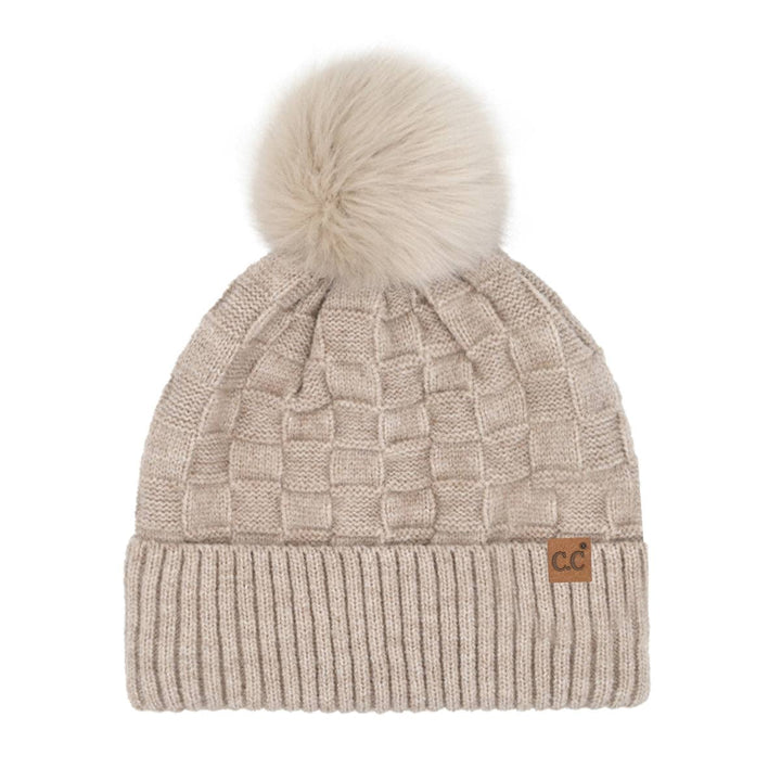 C.C Beanie - Woven Checkered Texture Pom C.C Beanie HTC0094 - Shop Emma's 