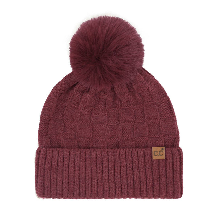 C.C Beanie - Woven Checkered Texture Pom C.C Beanie HTC0094 - Shop Emma's 