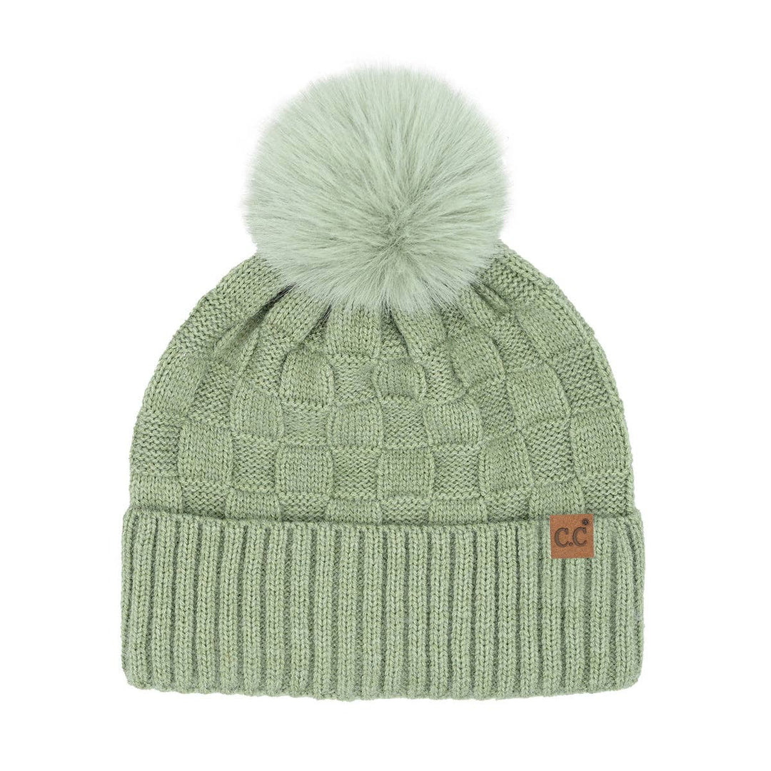 C.C Beanie - Woven Checkered Texture Pom C.C Beanie HTC0094 - Shop Emma's 