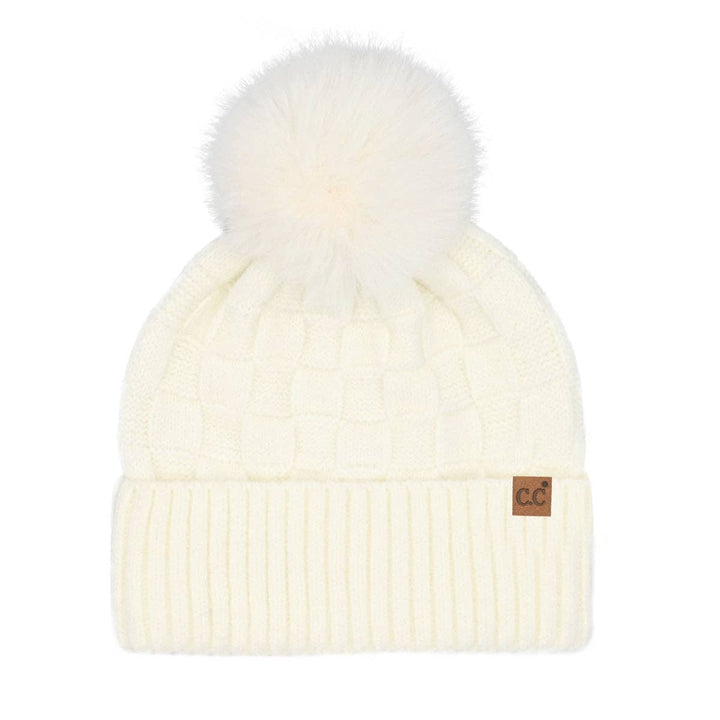 C.C Beanie - Woven Checkered Texture Pom C.C Beanie HTC0094 - Shop Emma's 