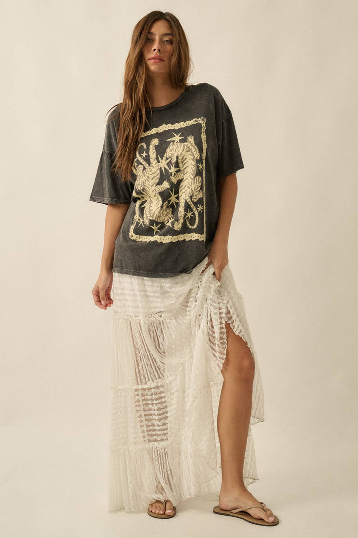 Promesa USA - Tigers and Stars Vintage-Wash Oversized Graphic Tee in Charcoal 3