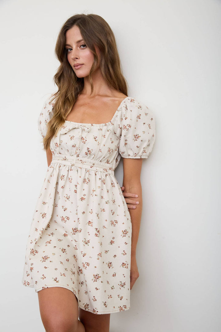 Blu Pepper - Ditsy Floral Puff Sleeve Square Neck Mini Dress in Oatmeal 3