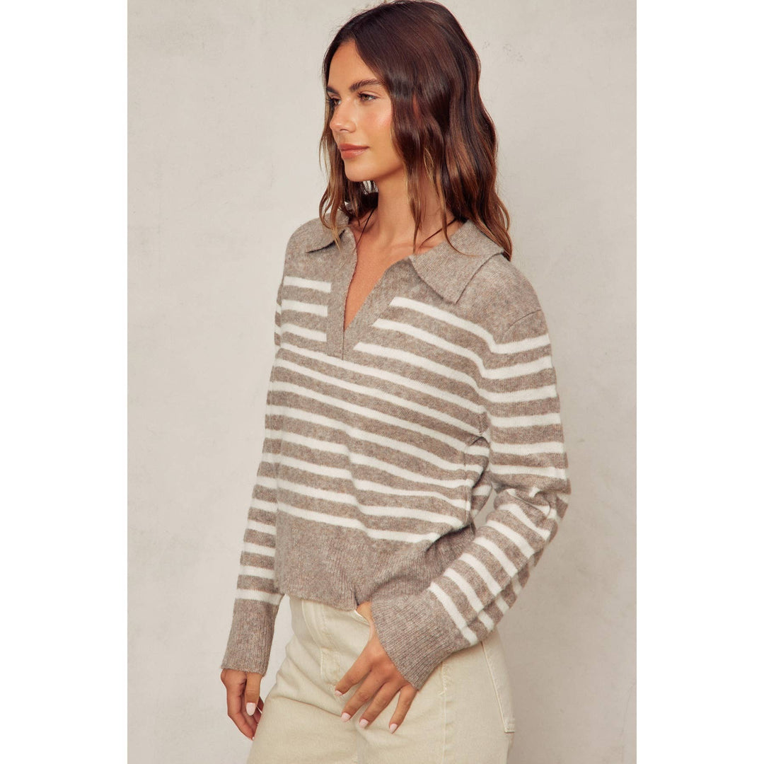 Soft And Fuzzy Striped Polo Sweater Toffee/Cream 1