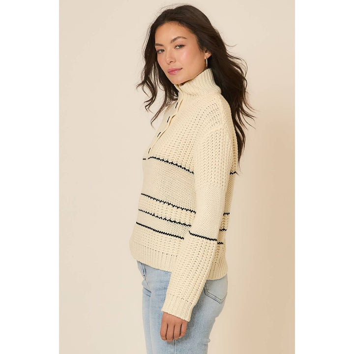 Button Up Knit Sweater with Contrast Stripes Cream 3