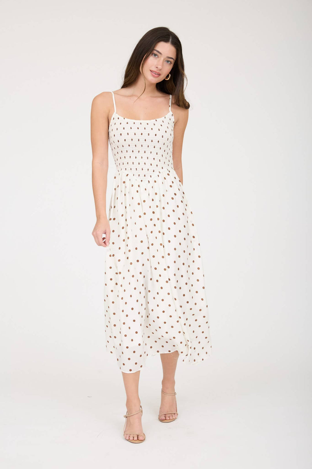 Blu Pepper - Polka Dot Smocked Basque Waist Midi Dress in White