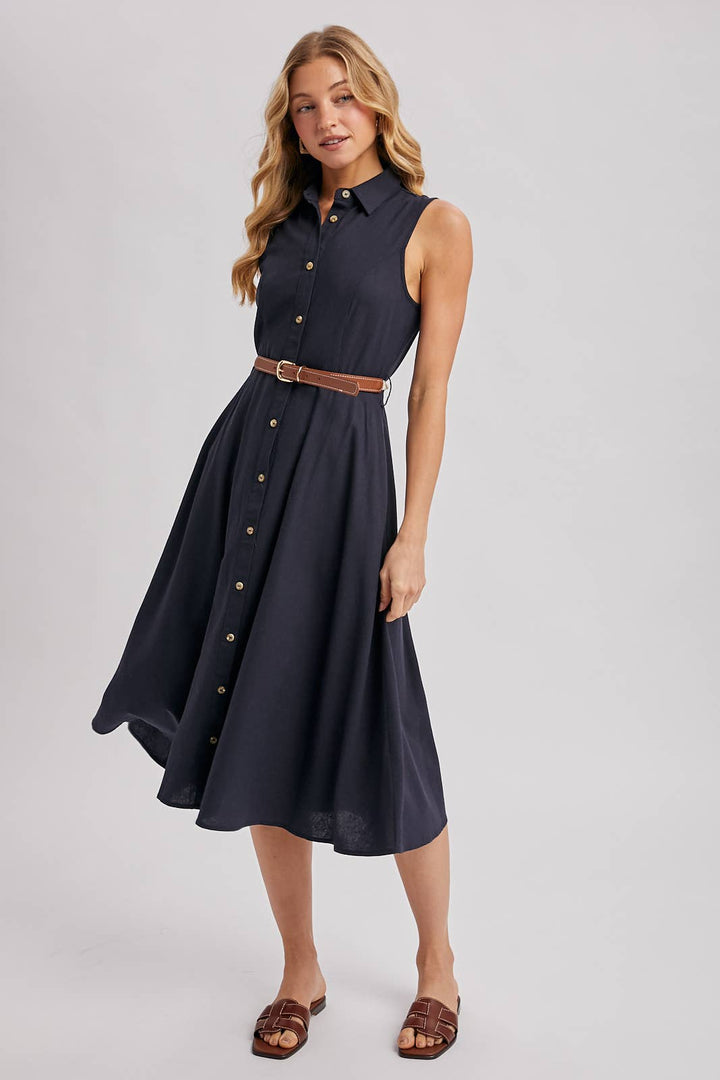 Bluivy Button Down Sleeveless Midi Dress in navy 1