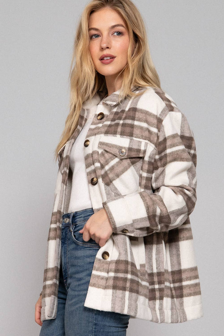 Inside Faux Fur Brushed Plaid Jacket Taupe/Brown  3
