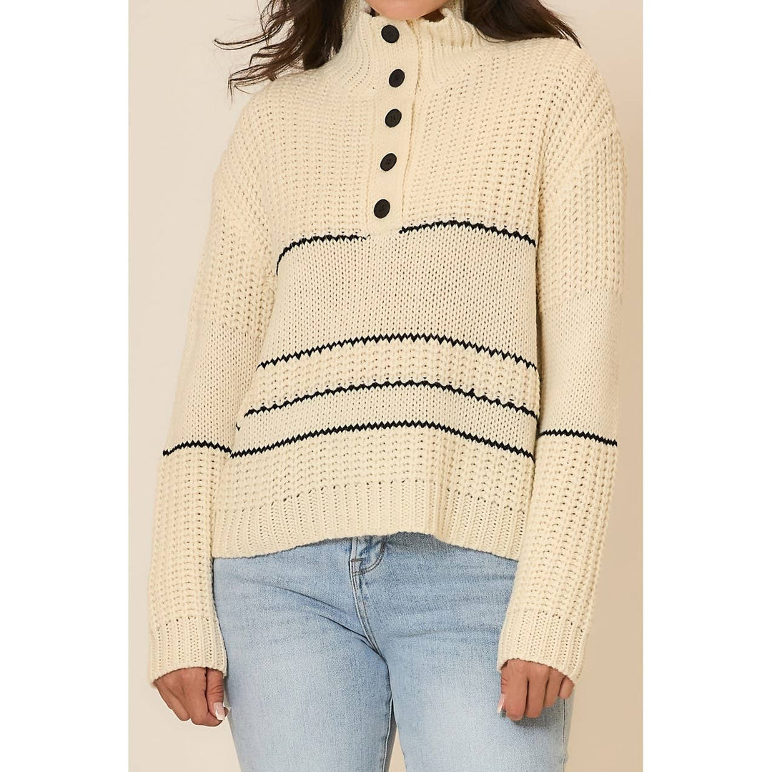 Button Up Knit Sweater with Contrast Stripes Cream 4