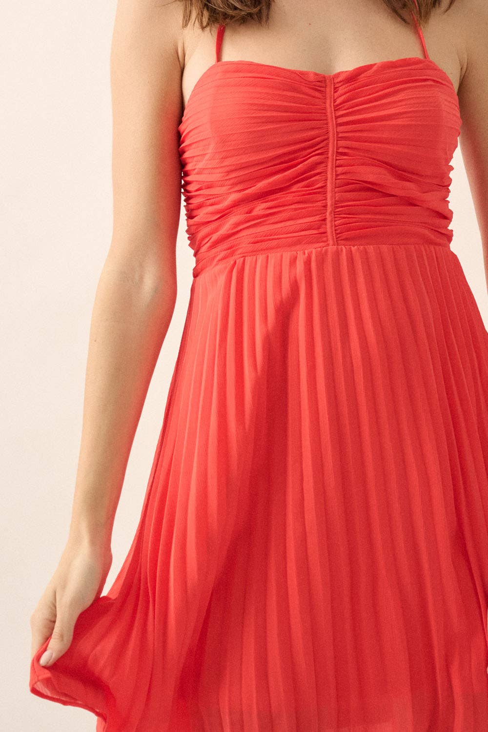 Promesa Solid Halter Neck Pleated Mini Dress Shop Emma's Promesa Solid Halter Neck Pleated Mini Dress Shop Emma's