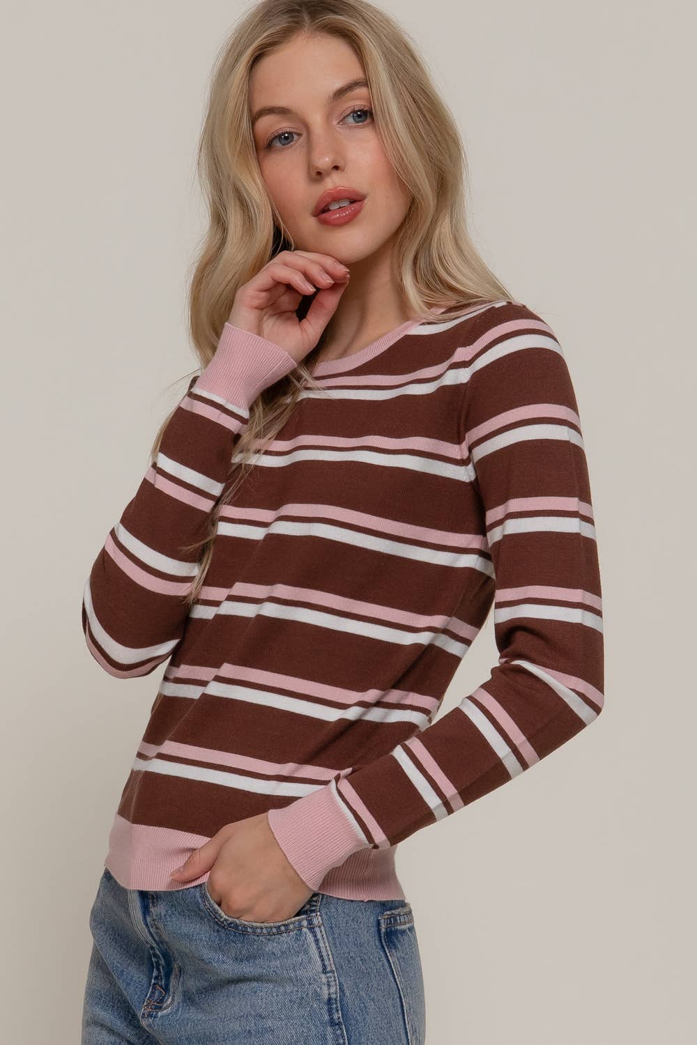 Active USA - Long Sleeve Round Neck Multi Stripe Sweater in Brown