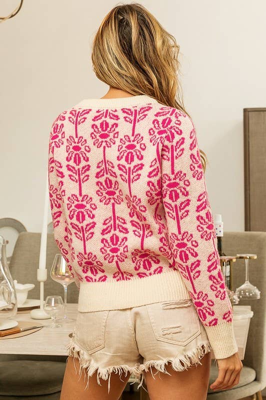 Flower Pattern Round Neck Sweater