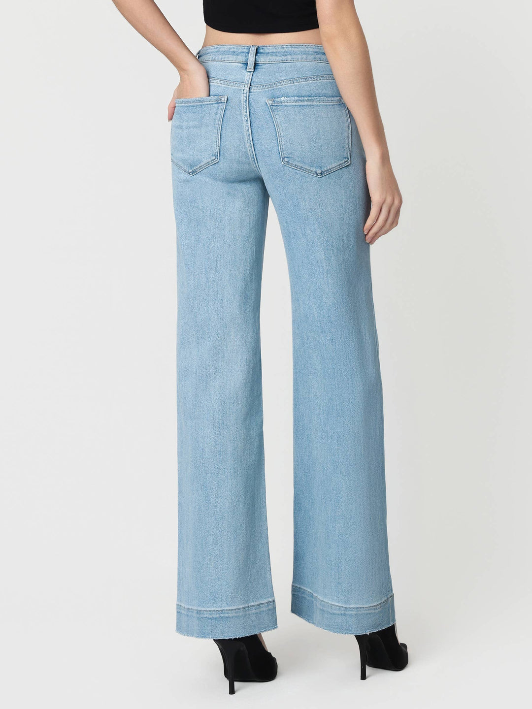 Flying Monkey High Rise Light Wash Trouser Hem Wide Jeans in Dignity 7